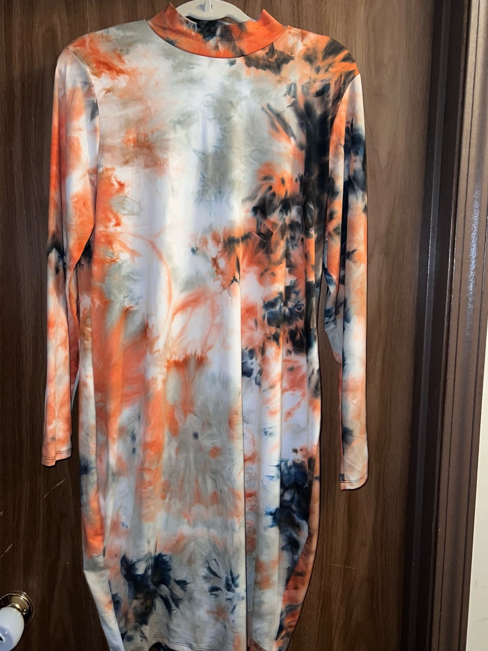 Fashion Nova Orange, Black & White Tie-Dye Long Sleeve Mock Neck Dress